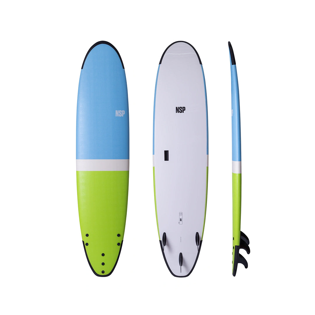 8’6” NSP Longboard - Tail dip green - Soft P2 - 3 soft bolt thru fins - 207,000 LKR